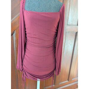 Ruched Long Sleeve Burgundy Mini Dress By Le Lis Square Neck Adjustable Sides M
